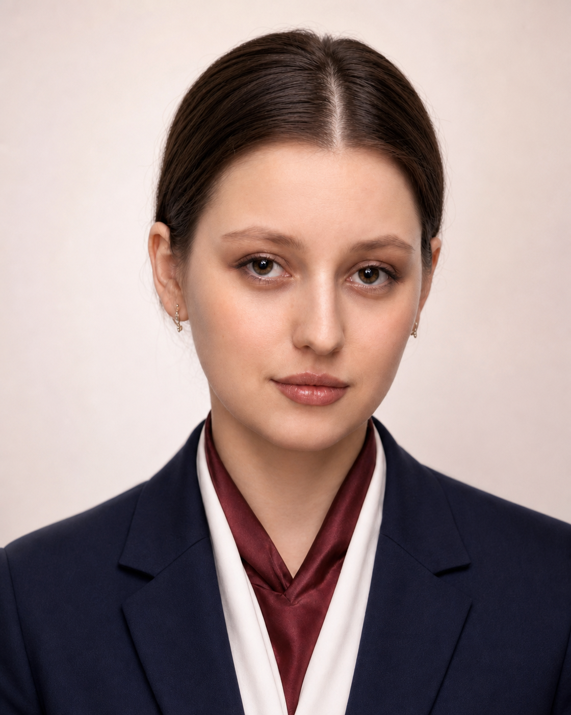 Вика Админова, оператор бронирований, в тёмном костюме с бордовым платком и уверенным взглядом